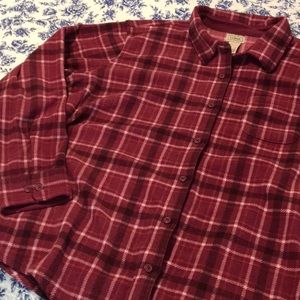 LL Bean fleece burgundy plaid button down shirt